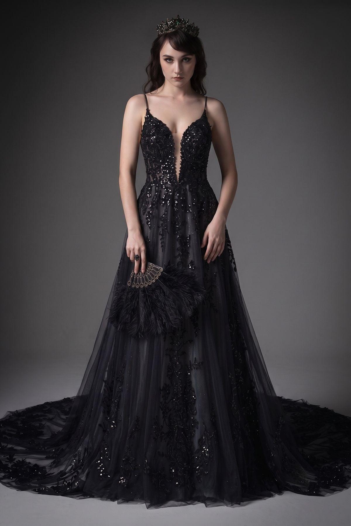 A-Line Cathedral Train Lace Tulle Wedding Dress CW3006 - 45 Days / As Picture:Black/Medium Nude / US0-UK2-EUR30 - COCOMELODY